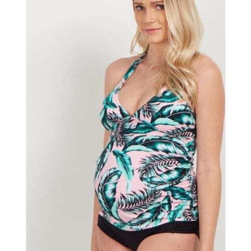 Maternity Tankini Women Print Leaf Strappy Bandage Swimsuit Hanging Neck Bikinis Solid New Fashion Swimsuit Pregnant Swimwear