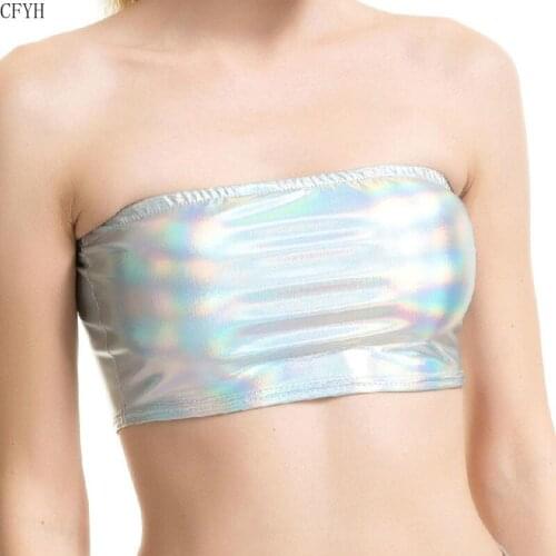 Womens Metallic Shiny Tube Tops Sleeveless Holographic Strapless Tube Crop Top Rave Club Dance Wetlook Leather Tube Tops