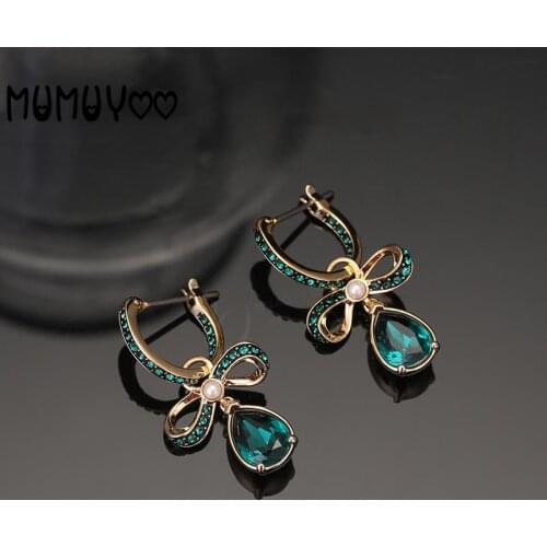 Fashion Jewelry SWA, New Baroque Green Crystal Bow Pendant Earrings Vintage Green Water Drop Bow Earrings Women