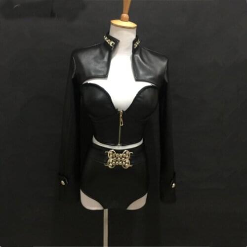 New Female Jazz Hip Hop dance costumes PU Leather black white suits Nightclub Bar singer Teams performance outfit Festival show
