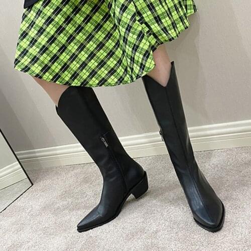 2021Genuine Leather Western Cowgirl Boots Women Boots Pointed Toe Real Cowhide Leather Cowboy Boots Cossacks Femal Shoes