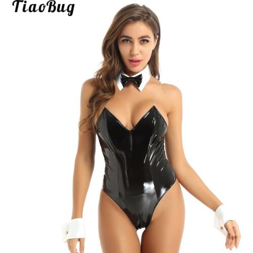 TiaoBug 3Pcs Womens Bunny Girl Cosplay Costumes Role Play Lingerie Set Patent Leather Teddy Bodysuit With Collar And Wrist Cuffs