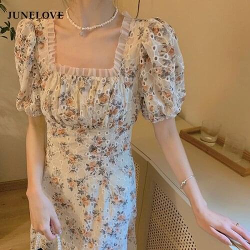 JuneLove Summer Vintage Floral Dress Women Sweet French Retro Lace Up Elegant Midi Dress Casual Puff Sleeve Party Dresses 2021
