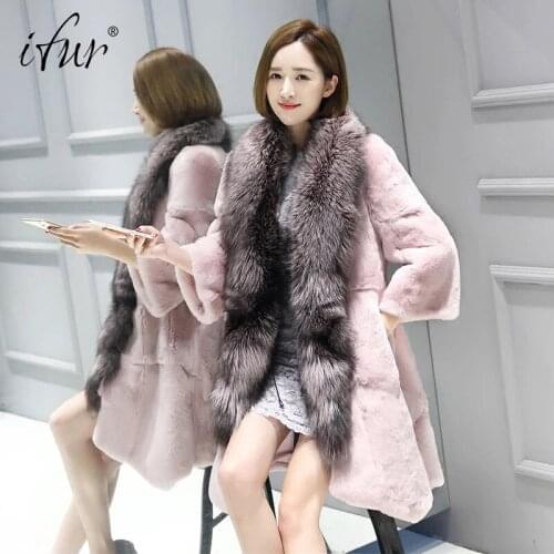 2017 Super XXXXL length 110CM 100%natural Rex rabbit fur jacket women natural real Super big Silver fox fur collar coat A016