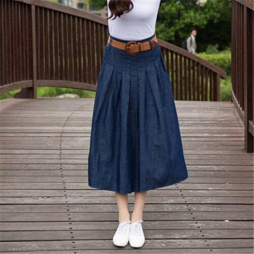 Free Shipping 2017 New Fashion Denim Pleated Skirt All-match Women Long Maxi Elastic Waist Plus Size Skirt WIth Pockets And Belt