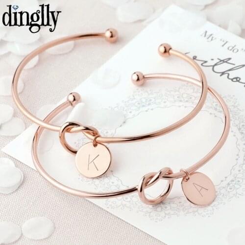 Dinglly Rose Gold English Letter Charm Bracelet Bangle For Women Men Lover Friend Name Initials Couple Opening Heart Bracelets