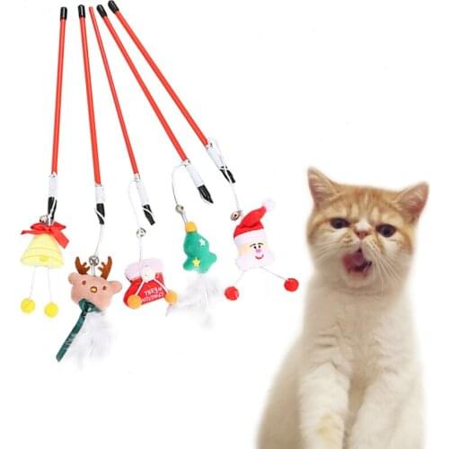 Pet Cat Teaser Toys Feather Christmas Funny Santa Claus Elk Bell Wand Cat Catcher Teaser Stick Cat Interactive Toys Plastic Rod