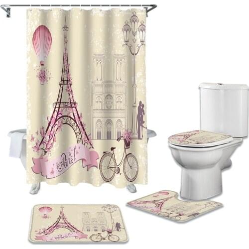 French Paris Tower Shower Curtain Sets Non-Slip Rugs Toilet Lid Cover and Bath Mat Waterproof Bathroom Curtains