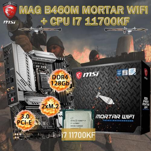 LGA1200 Motherboard Combo MSI MAG B460M MORTAR WIFI + Intel i7 11700KF Set DDR4 128GB M.2 PCI-E 3.0 Placa-mãe Desktop Intel B460
