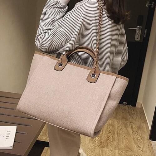Solid Linen Metal Chain Tote Bag Women Large-Capacity Zippered Soft Shoulder Bag WomenS Style Simple Fashion Handbag Woman 2021