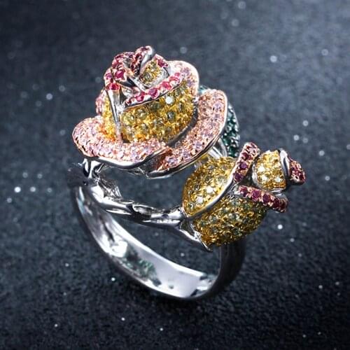Luxury rose flower rings trendy jewelry fast shipping high quality color crystal large finger ring for women