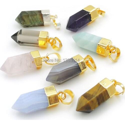 Mixed Stones Amethys t/Tiger Eye/Amazonite/Agat e Point Pendants Hexagon Pillar Of Gold Cladding Approx 20*7*7 mm