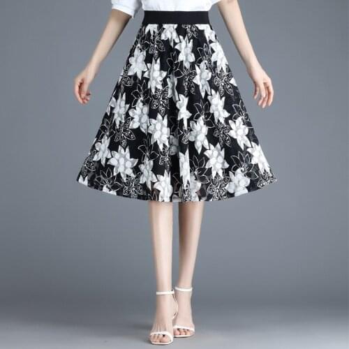 Fashion Lace Print A-line Big Swing Skirts for Women 2021 Summer Korean Elegant High Waisted Loose Casual Plus Size Skirt Y856