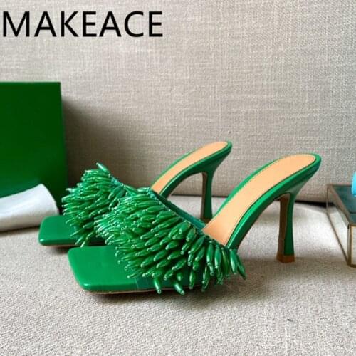 New Green String Bead High Heel Stiletto Runway Square Toe Summer Slides Genuine Leather One Strap Party Holiday Slippers Mujer