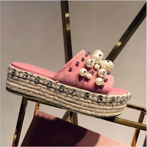 Sestito 2018 New Arrivals Girls Pearl Embellished Pink Summer Slides Ladies Peep Toe High Platform Slingback Shoes Woman Flats