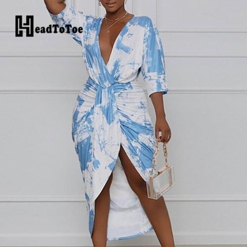 Tie Dye Print Long Sleeve Twist Front Dip Hem Midi Dress Women Sexy V Neck Slim Slit Dress