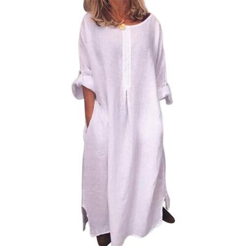 SANWOOD Women Dresses Plus Size Women Fashion Vintage Solid Color Long Sleeve O Neck Pockets Maxi Dress Tunic Kaftan