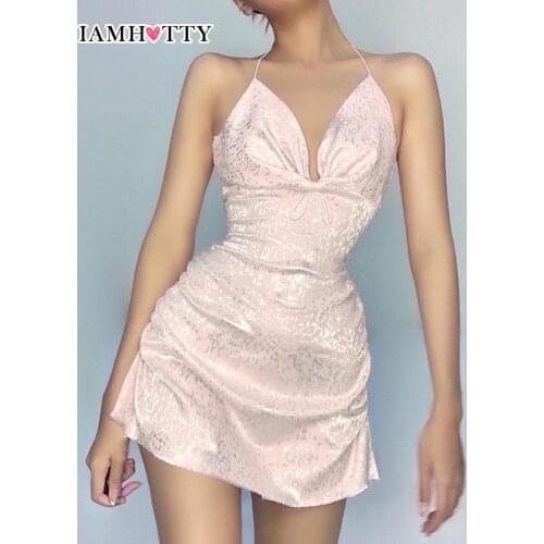 Jacquard Folds Milkmaid Halter Cami Mini Dress Women Pink Sweet Sexy V Neck A Line Backless Prom Party Dresses Solid Iamhotty