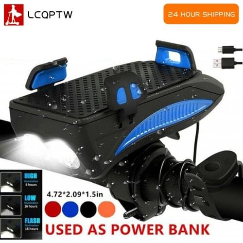 4 in 1 Bicycle Light LED Bike Front Light USB Rechargeable Power Banks Cycling Phone Stand Horn Multifunction MTB Flashlight