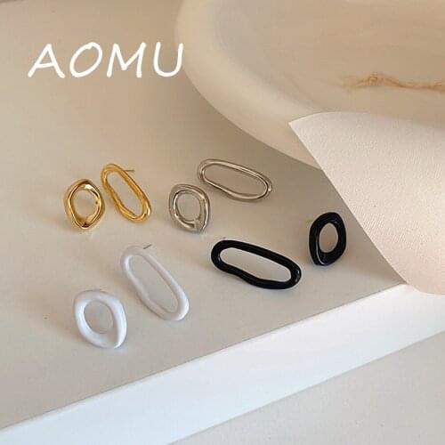 AOMU 2020 S925 New Retro Geometric Irregular Asymmetric Earrings Multicolor Metal Black White Simple Earrings for Female Jewelry