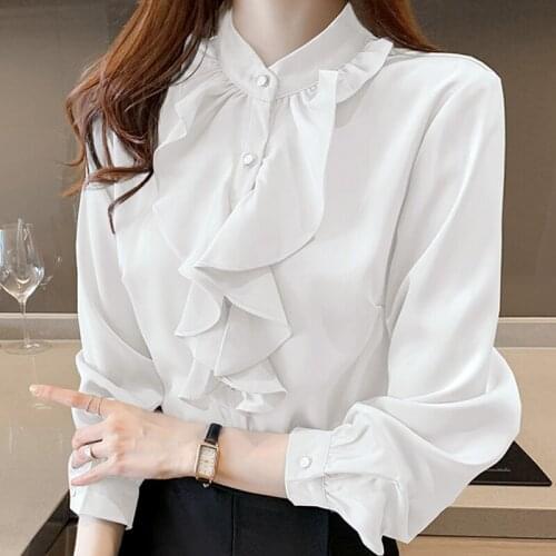 Long Sleeve Ruffles Stand Collar Chiffon Blouse Shirt Blouse Women Blusas Mujer De Moda 2021 White Blouse Tops Women Blusa E138