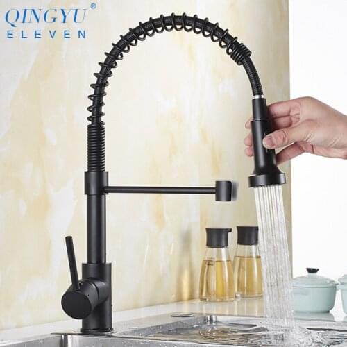 Black Brass Kitchen Faucets Sink Single Lever Pull Out Spring Spout Mixers Tap Hot And Cold Water Mixer Faucets For Kitchen Sink