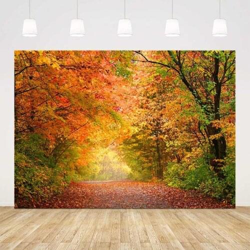 Photography backdrop maple forest autumn path background for photo studio portrait head shot photocall yellow scenery vinyl
