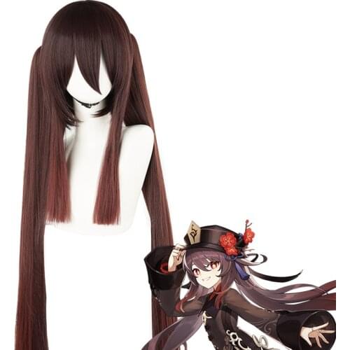 Genshin Impact Hutao Cosplay Wig Hu Tao Gradient 110cm Long Straight Heat Resistant Synthetic Hair Chip Ponytails + Wig Cap