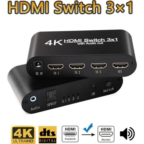 HDMI-Compatible Switch Audio Extractor 3x1 with 4K Adapter 3 in 1 out Switcher SPDIF 3.5mm Optical Toslink Splitter for HDTV PS4