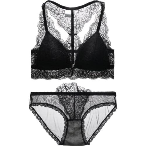 Solid Color Bra & Brief Set Ladies Sexy Wire Free Bra Set Thin Lace Triangle Cup Bra + Low Waist Briefs 2 pcs Set