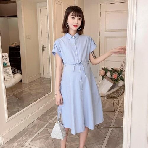Summer Korean Fashion Maternity Long Breastfeeding Shirt Dress Elegant Sashes Slim Clothes for Pregnant Women Casual Pregnancy