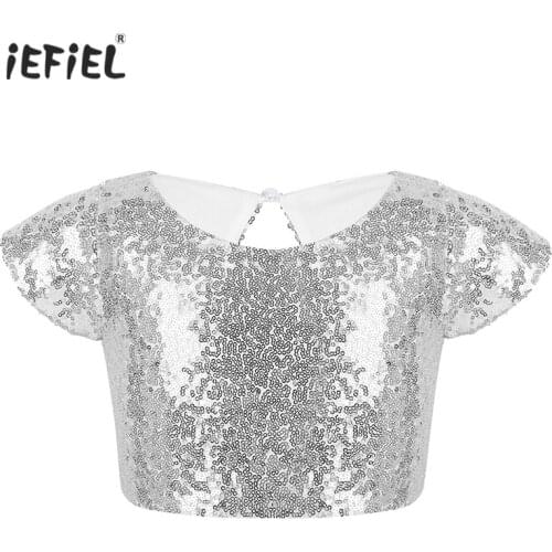 Kids Girls Cap Sleeves T-Shirts Sparkly Sequins Keyhole Back Dance Tanks Crop Top Stage Performance Birthday Party Daily Wear