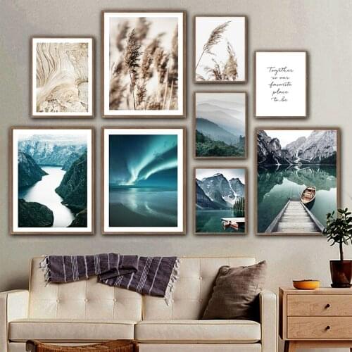 Wall Art Canvas Painting Nordic Poster Scandinavian Travel Landscape Mountain Boat Grass Print Picture Modern Living Room Decor