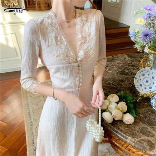 Fashion New French Lace Dress Women Elegant V-neck Long Sleeve A-line Midi Dresses Female Vestidos Autumn High Waist Dress 12759