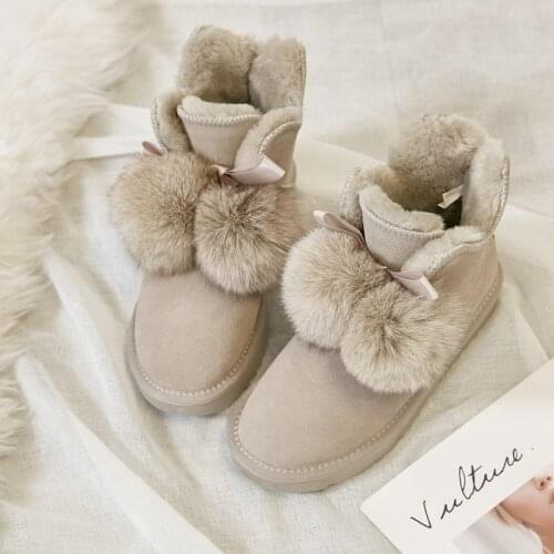 New Fur Ball Real Cowhide Snow Boots Fur One-Piece Non-Slip Thick Warm Womens Shoes Winter Short Boots Plus Velvet Cotton Shoes