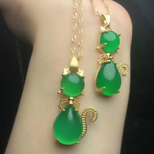 Charm Natural Green Jade Chalcedony Cat Pendants Necklaces For Women Gold Color 925 Sterling Silver Choker Long Necklace Jewelry