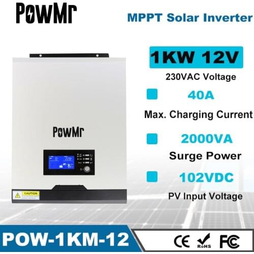 PowMr 1000W Solar Inverter 12V 220VAC Pure Sine Wave Solar Hybrid Inverter with 40A MPPT Controller Inside For Max 102V PV Input