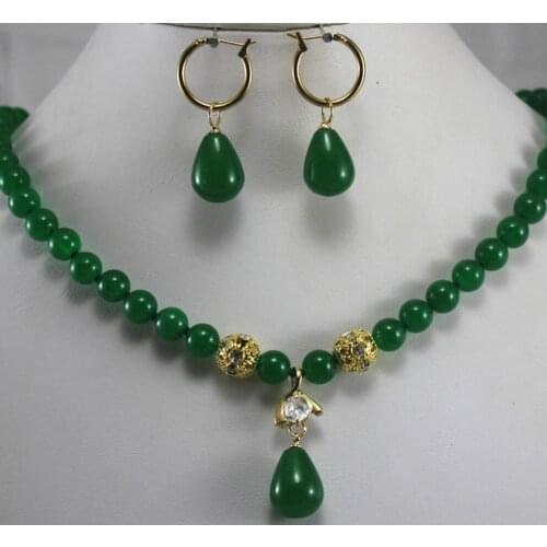 Prefect matched 8mm green jade necklace earrings jewelry sets for party and wedding