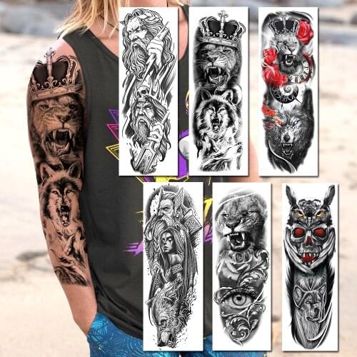Realistic Lion King Black Wolf Temporary Tattoos Sticker Full Arm Fake Military Tiger Owl Eyes Sleeve Tatoos Decal For Men Women