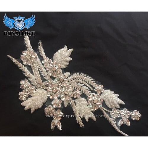 Luxury 3D rhinestone beaded sewing patch flower lace applique Patches Beaded 11x31cm Sew-on Wedding Patch Decoration 20Pcs