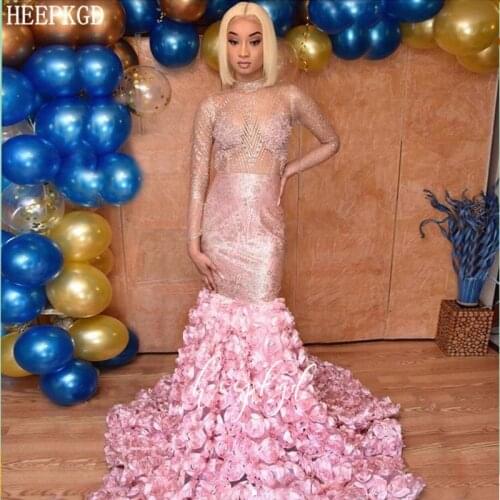 Luxury Pink Long Sleeves Mermaid Prom Dresses With 3D Flowers Glitter Backless Sexy Black Girls Graduation Dress Plus Size