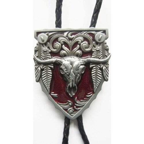 Retail New Classic Vintage Red Enamel Long Horn Bull Western Bolo Tie Wedding Leather Necklace Free Shipping BOLOTIE-WT076RD