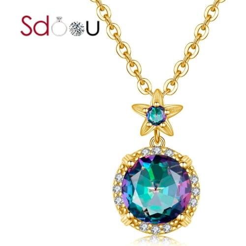 SDOOU 925 Silver Gold Plated Pendant For Women Rainbow Pendant Mystical Topaz Flower Gemstone Pendant Fine Jewelry Party Gift