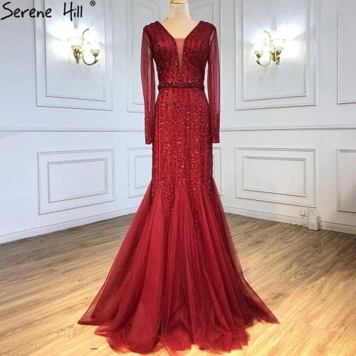 Serene Hill Muslim Wine Red Beaded Evening Dresses Gowns 2021 Mermaid Elegant Luxury For Women Party LA71134