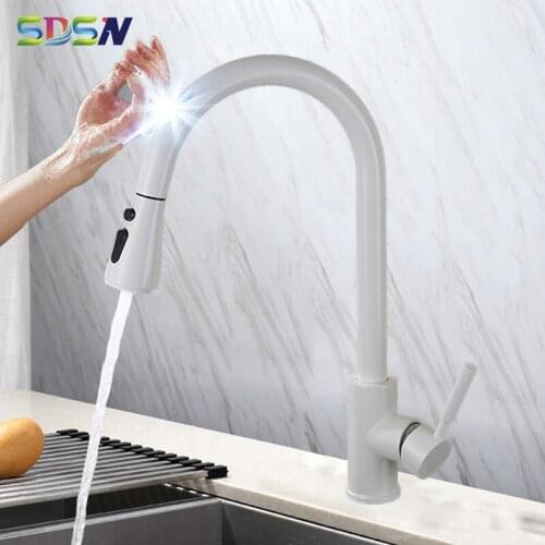 Touch Faucet SDSN White Pull Out Kitchen Sink Faucet Stainless Steel Touch Kitchen Faucets Pull Down Sensor Kitchen Mixer Taps