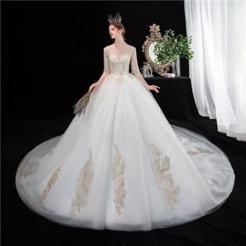 Wedding Dress 2020 New Elegant Half Sleeve Wedding Gowns Vestido De Noiva Champagne Embroidery With Train Princess Bride Dress