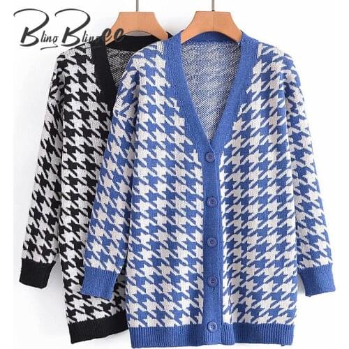 BlingBlingee Autumn Winter Houndstooth Pattern Knit Cardigan Drop Shoulder Woman Casual Long Loose Sweater Female Tops 20201