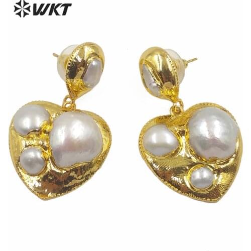 WT-MPE019 WKT Romantic Heart Shape Freshwater Pearl Earrings Gold Electroplated Earrings Women Fashion Pearl Earrings Jewelry