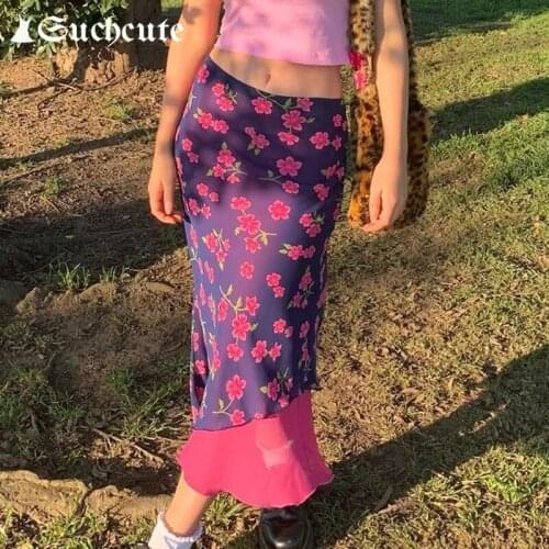 SUCHCUTE Summer Streetwear 2000s Aesthetic Flower Print Long Skirt For Women 2021 High Waisted Patchwork Cute Skirt Harajuku