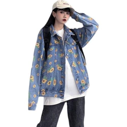 Floral Print Denim Jacket Women Vintage Casual Spring Autumn Single-Breasted Jean Jacket 2021 New Fashion Coat Streetwear